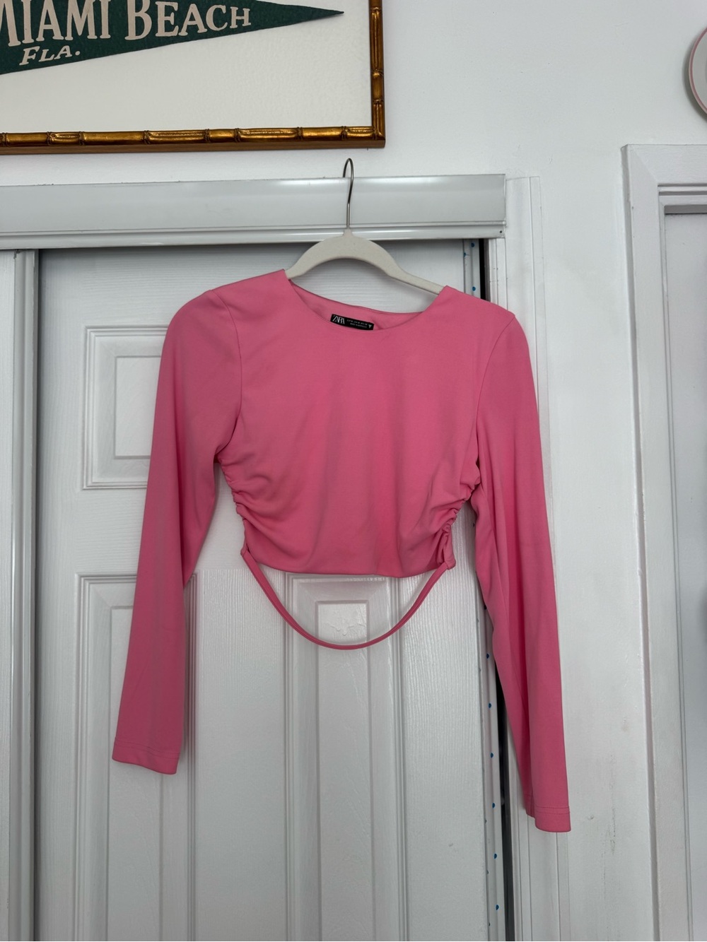 Zara Pink Long-Sleeve Ruched Crop Top